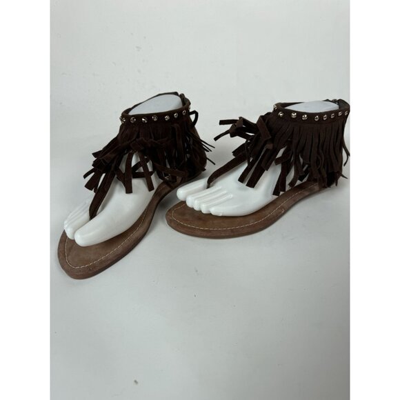 Brown Fringe Suede Flat Thong Sandals With Studded Accents & Zipper Closure For - Picture 10 of 15
